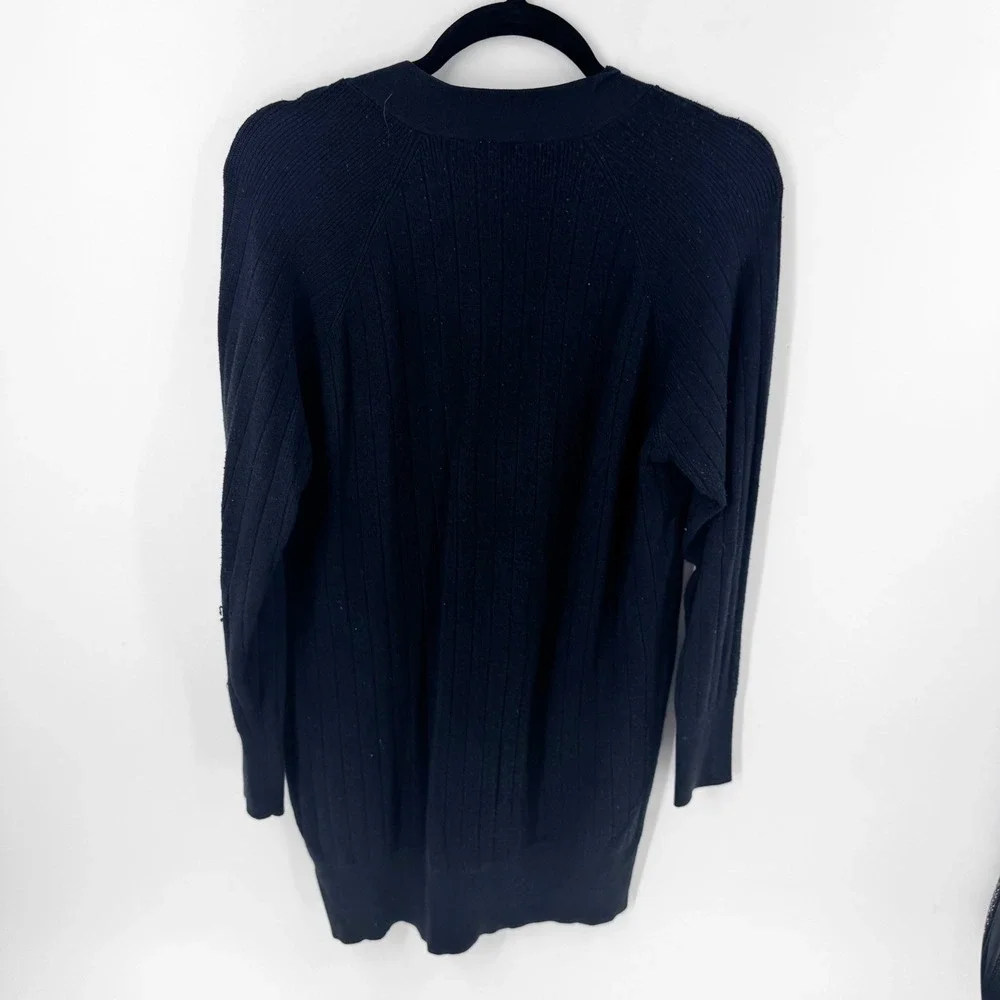 ICHI Womens Ribbed Knit Longline Cardigan Sweater Black Button Front Size Medium